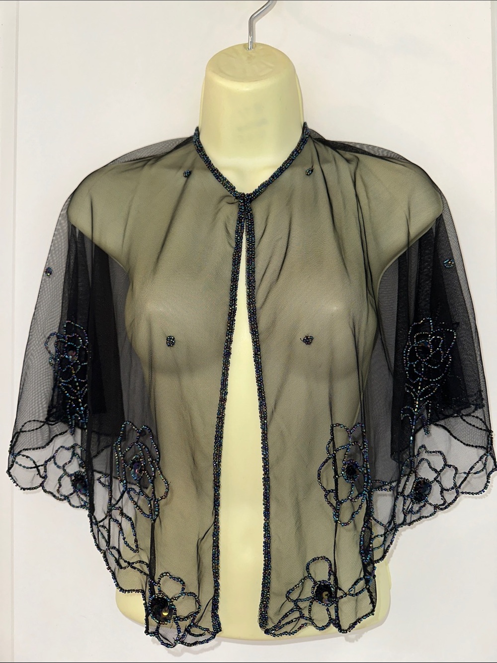 Betsey Johnson Black Sheer Floral Beaded Trim Capelet